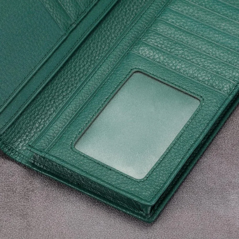 Men's Dark Green Full Grain Leather Long Bifold Wallet Credit Card Slots Style